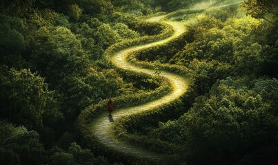 Poster - Lush green forest, winding path, lone figure.