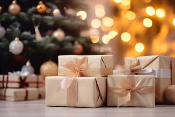 Gifts under Christmas tree by a fireplace. White minimalistic Scandinavian style New Year interior. Stack of presents on the floor. Blurred living room background with copy space. Cozy Holidays.