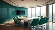 © Danish - stock photo Soft pastel colors, cinematic haze. Bright, airy meeting room with green chairs, sleek conference table, cityscape view.