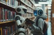 © PD - Robots and humans engage in conversation about books in a library setting, exploring knowledge and technology together