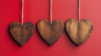 Sticker - Heart shaped wooden decorations on a red backdrop for Valentine s and Mother s Day