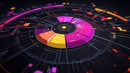 Wall Mural - Abstract circular data visualization with vibrant color segments and lines.