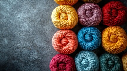 A gray backdrop features colorful wool yarn balls, offering ample room for design or advertising