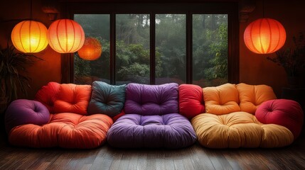 Sticker - Colorful floor cushions arranged on wooden floor in front of large window with rainforest view.