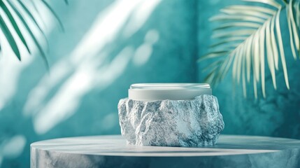 Wall Mural - White stone podium on marble table with palm leaves and teal background.