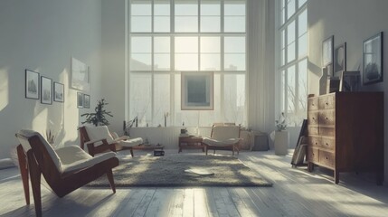 Wall Mural - A bright and airy living room with large windows, minimalist furniture, and a cozy atmosphere.