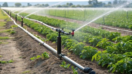 Wall Mural - Drip Irrigation System Watering Salad, Plants and Vegetables at Field Farm Garden, Agriculture