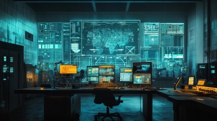 Wall Mural - futuristic control room with multiple screens displaying data and maps.