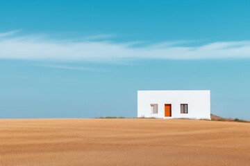 a white house with an orange door sits in a field of tall grass. the house is small and he is abando