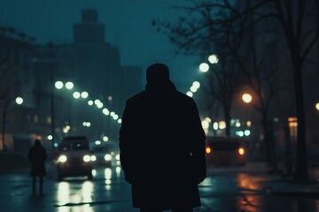 Wall Mural - A man is standing in the rain on a city street. The street is lit up with lights, and there are cars and buses in the background. The man is wearing a coat and he is alone. The scene has a moody