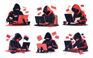 Hacker stealing data cartoon vector concepts. Thief hoodie mask email credit card anonymity personal information looting person, security cyber protection warning illustrations isolated vectors