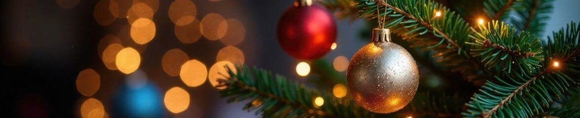 Sparkling Christmas tree lights, festive ornaments, blurred bokeh , green, red, pattern
