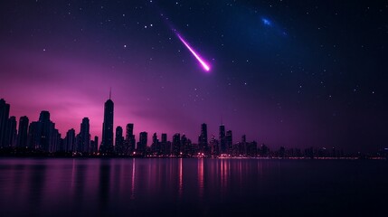 Poster - City skyline at night with two shooting stars.