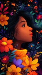 Poster - Vibrant Portrait of a Woman Surrounded by Lush Floral Elements: An Artistic Depiction of Nature and Human Connection Through Colorful Botanical Imagery