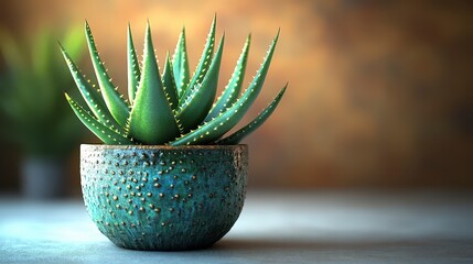 Wall Mural - Green aloe vera plant in a teal textured pot on a table.