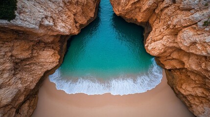 Poster - Aerial view of secluded cove with turquoise water, sandy beach, and rocky cliffs.