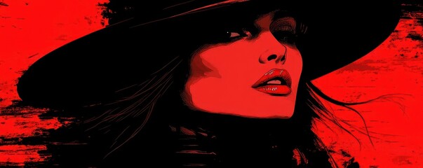 Wall Mural - Dramatic Portrait of a Woman in a Wide-Brimmed Hat on a Striking Red Background Featuring Bold Styling and Artistic Expression