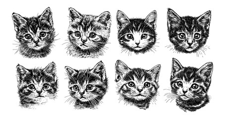 Wall Mural - Cute Kitten Portraits Set Ink Pen Style Illustration White Background Adorable Cat Faces Detailed Feline Expressions Hand-Drawn Animal Heads Charming Kitten Art Sketch Fluffy Fur