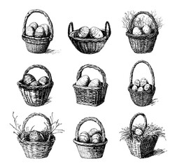 Wall Mural - Easter Egg Baskets Set Engraving Illustration White Background Holiday Celebration Wicker Baskets Eggs Vintage Style Line Art Traditional Easter Decorations