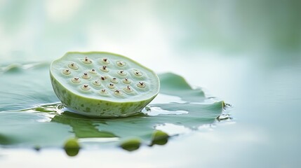 Canvas Print - Lotus seed pod on a lotus leaf in water.