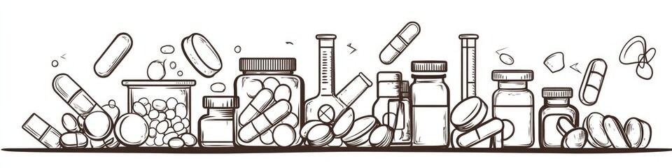 Contour Illustration of Pharmacology Concepts: Technical Drawings Representing Health and Pharmacy Symbols