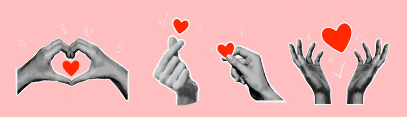 halftone hand heart. realistic hands love gestures vintage collages valentine day romance wedding, l