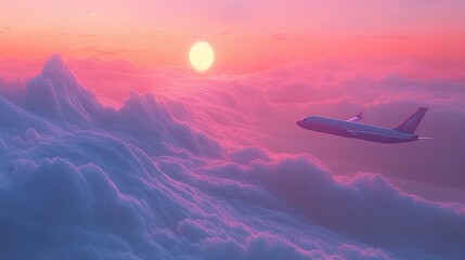 Wall Mural - A serene sunset view from an airplane above fluffy clouds, evoking a sense of travel and adventure.