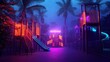© Peter@studio5 - A vibrant playground illuminated with neon lights, surrounded by palm trees, creating a mystical atmosphere at night.