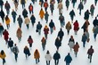 © Angelina - From an aerial perspective, a group of people walk on a blank white backdrop, with their faces and features unrecognizable; generated via AI.