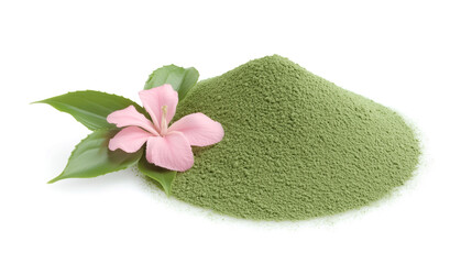 Wall Mural - side view on one single green matcha tea powder pile heap isolated on white background
