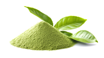 Wall Mural - side view on one single green matcha tea powder pile heap isolated on white background