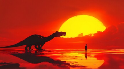 Wall Mural - A silhouette of a person stands before a dinosaur against a dramatic sunset backdrop.