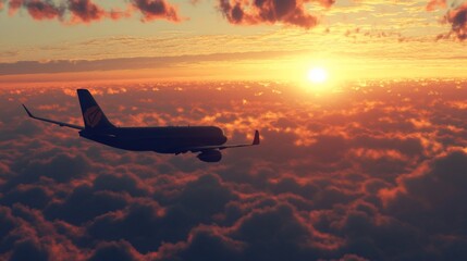 Wall Mural - A silhouette of an airplane flying above clouds during a vibrant sunset.