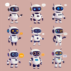 chatbot characters. artificial intelligence robot assistant, modern technology cute internet bot con