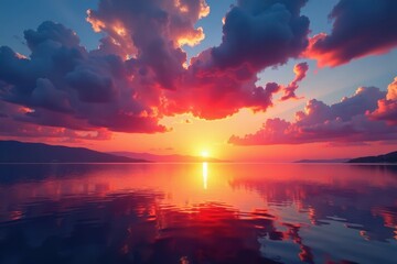 Wall Mural - Fiery sunrise reflects on calm sea, creating a breathtaking spectacle , travel, sun, orange