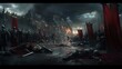 © Angelina - The battlefield is a somber stage for a dramatic, cinematic historical reenactment, with the bodies of dead medieval knights scattered around. The fallen warrior soldiers highlight the intense