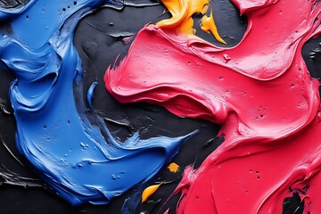 Wall Mural - Abstract swirls of blue, red, and yellow paint on black background.