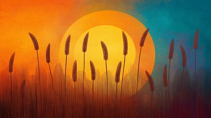 Poster - Sunset landscape with tall grass and large sun.