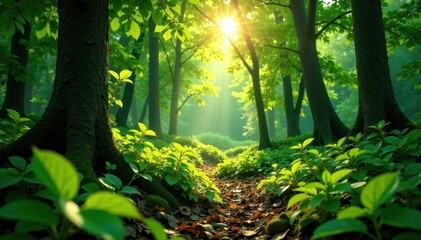 Wall Mural - Sun-dappled green leaves, vibrant forest floor, canopy, park, backdrop