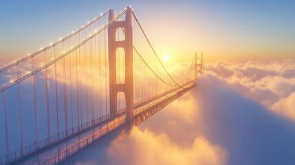 Wall Mural - A stunning view of a bridge emerging from clouds during sunset.