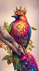 Wall Mural - A vibrant bird adorned with a crown showcasing a spectrum of colors in its plumage against a natural backdrop of 4K vertical