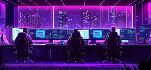 three figures sit at a computer desk in a neon-lit city office..