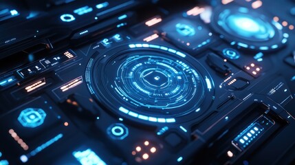 Futuristic, glowing, technological interface with circular display and controls.