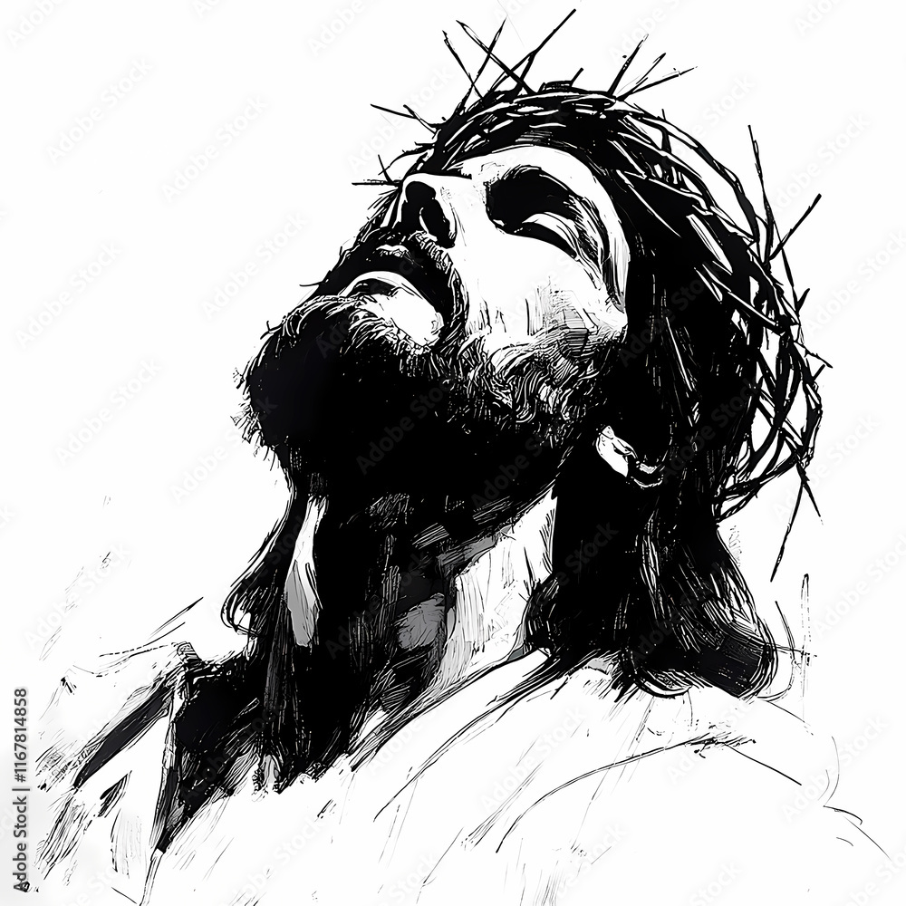 Jesus Christ with crown of thorns on his head, sketch illustration ...