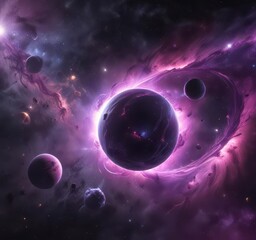 swirling purple nebula with abstract, glowing planets , astronomy, otherworldly, cosmos