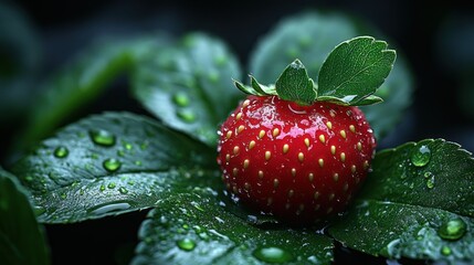 Wall Mural - Fresh strawberry on green leaves with water droplets.