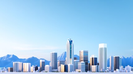 Modern city skyline with mountains in the background.