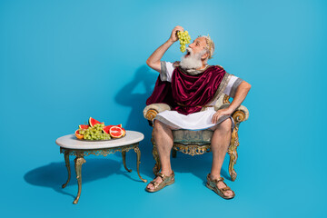 Full size photo of wealthy ancient citizen sit throne ear fresh grape isolated on blue color background