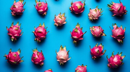 Wall Mural - A vibrant arrangement of dragon fruits on a blue background.