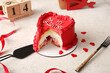 © Pixel-Shot - Cut sweet bento cake and cube calendar on white background. Valentine's Day celebration